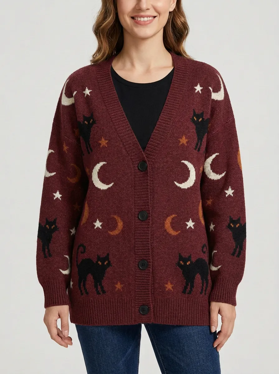 Women's Halloween Black Cat Moon Stars Patterned Knit Cardigan