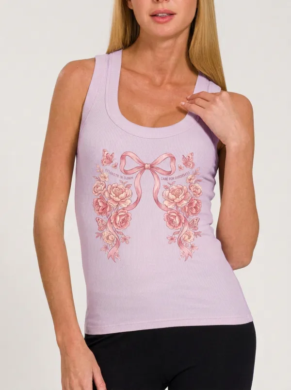 Women's Breast Cancer Awareness Pink Ribbon Floral Butterfly Printed Tank Top