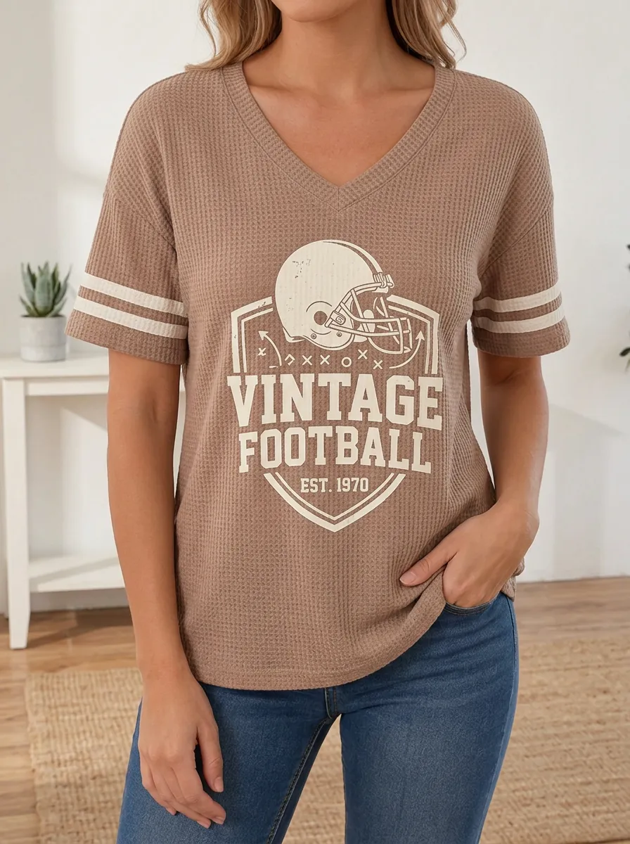Women's Vintage Football Helmet Graphic Printed Waffle Knit Top