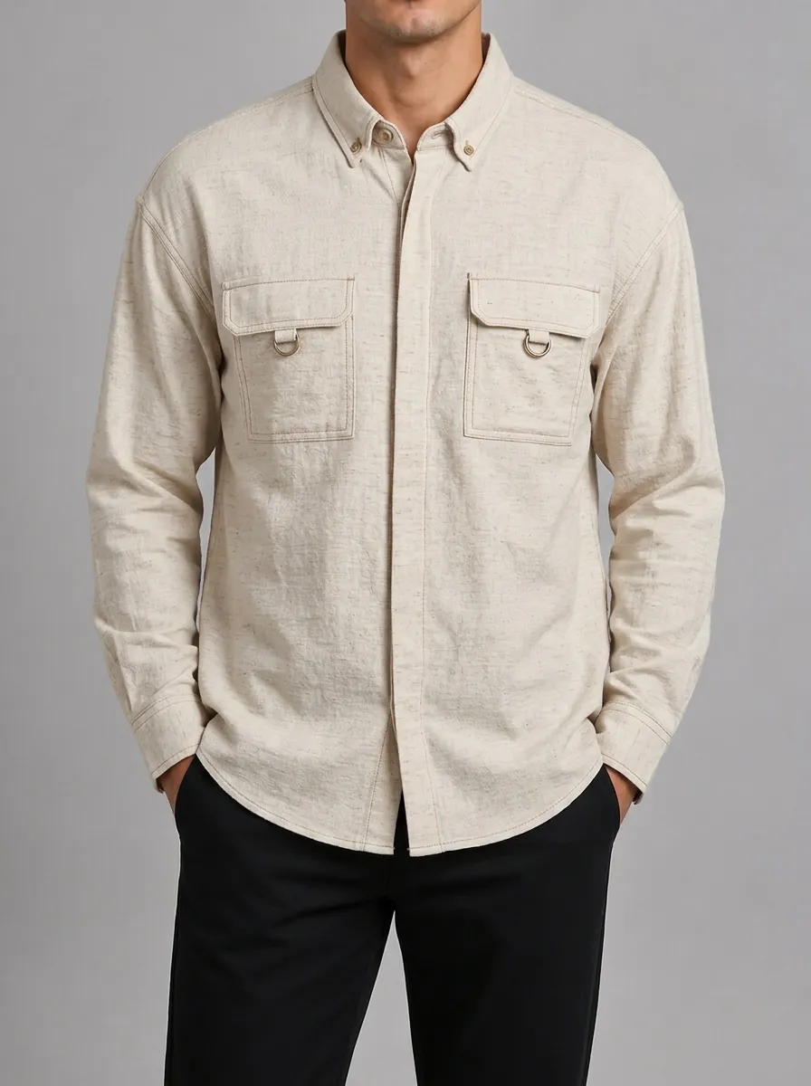 Men's Casual Beige Linen Textured Double Pocket Button Down Shirt