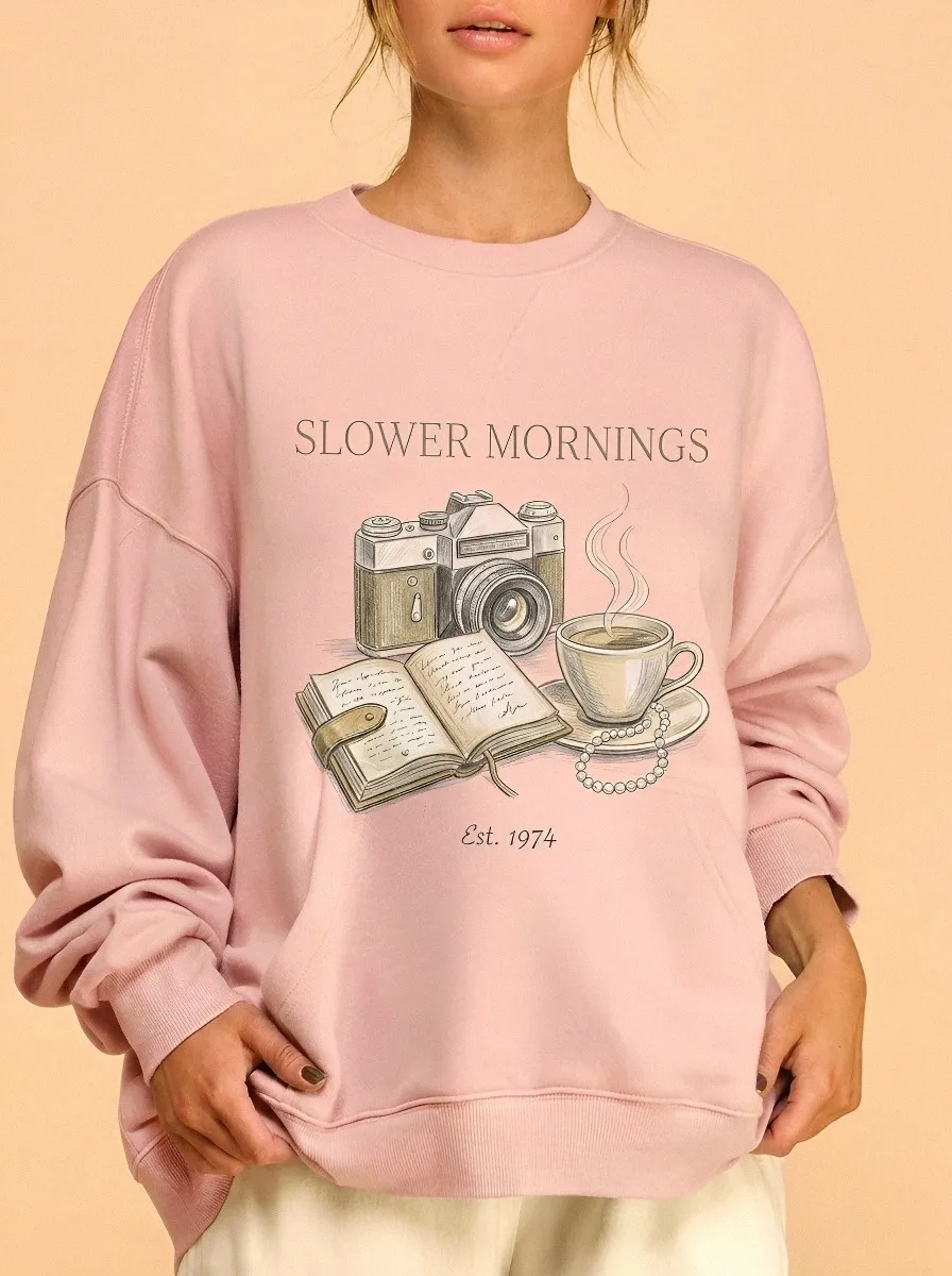 Women's Slower Mornings Camera Coffee Book Printed Sweatshirt