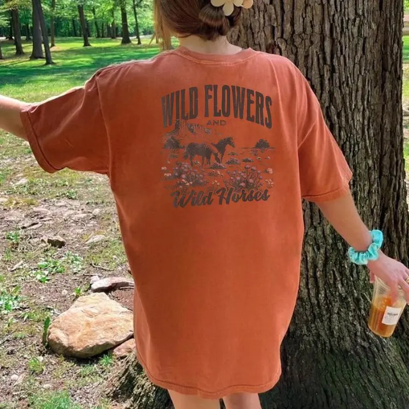 Wild Horses Wildflowers Western Cowgirl On Horse Cowboy Women's Oversized Comfort T-Shirt Back Print