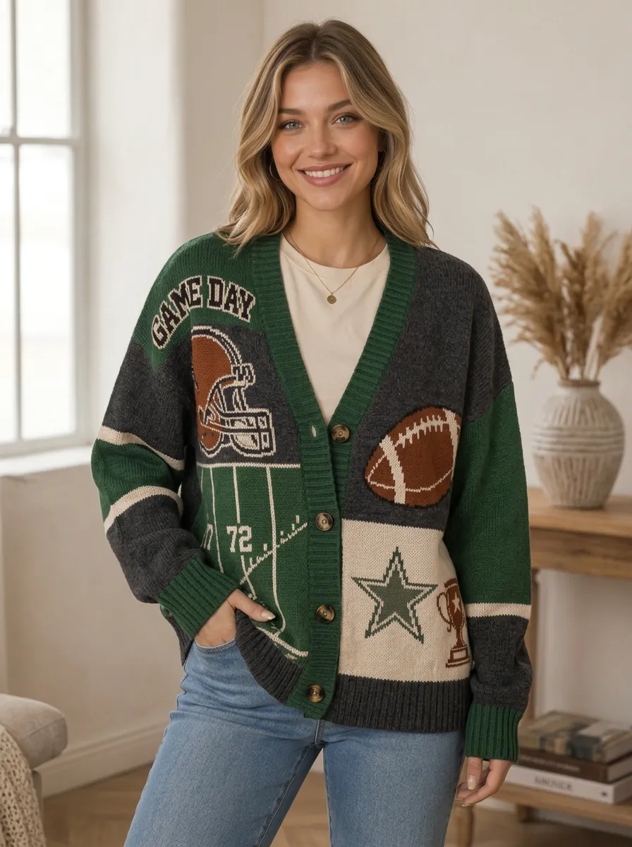 Women's Sport Inspired Gridiron Helmet Star Ball Knit Cardigan