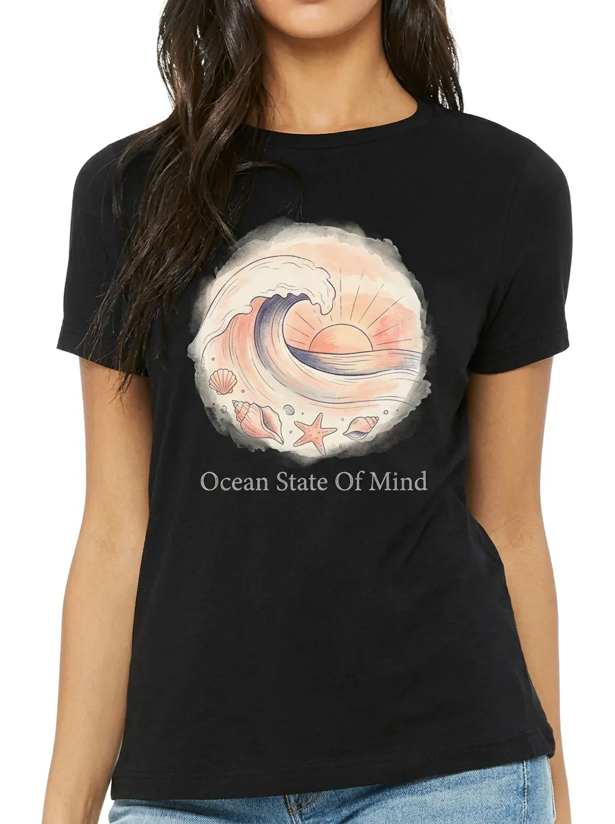 Women's Beach Lover Ocean State Of Mind Wave Seashell Printed T-shirt