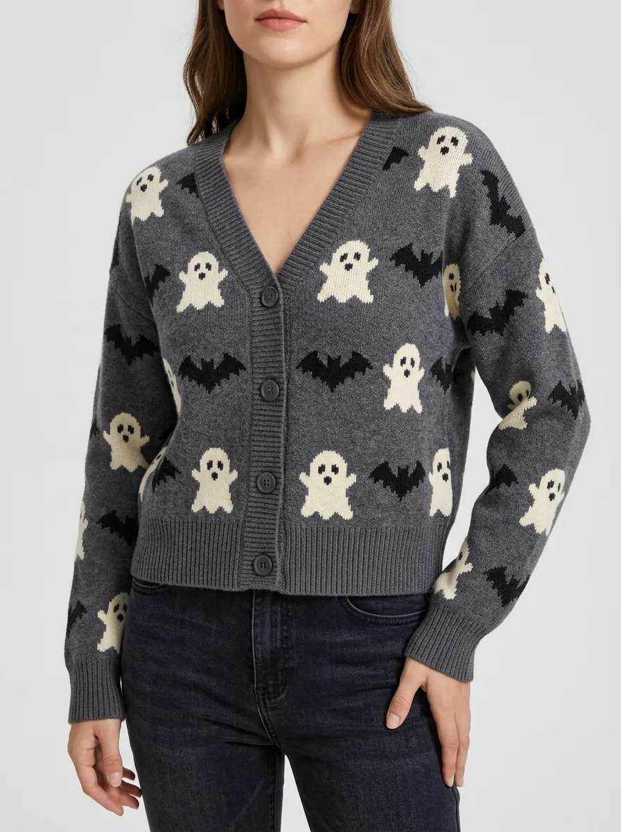 Women's Halloween Ghost Bat Pattern Knitted Cardigan