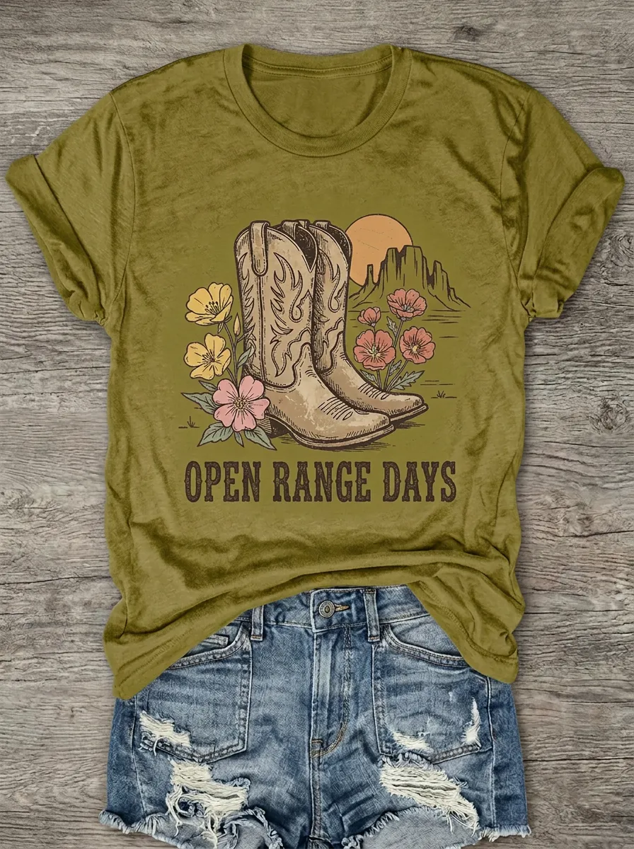 Cowboy-Boot Cowboy Floral Open-Range Western Crewneck T-Shirt
