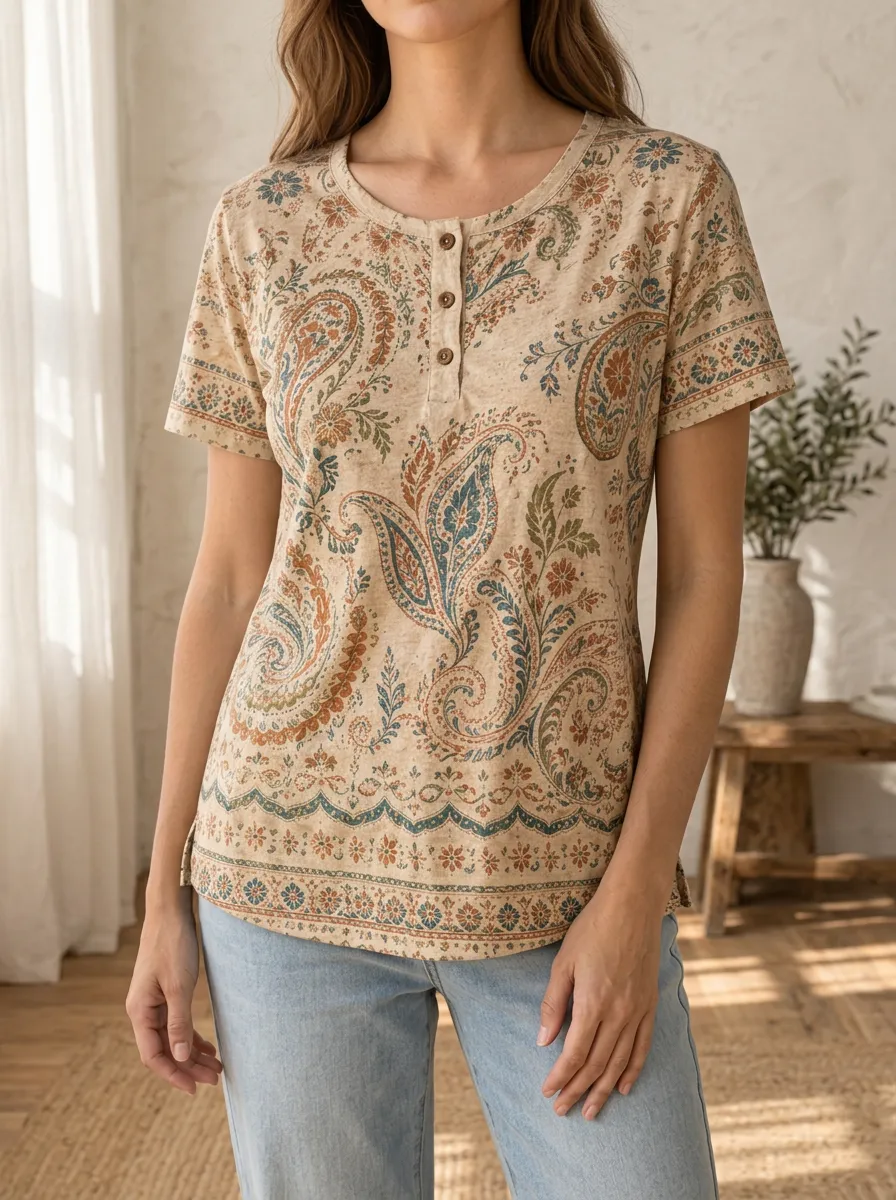 Women's Classic Boho Paisley Floral Henley T-Shirt