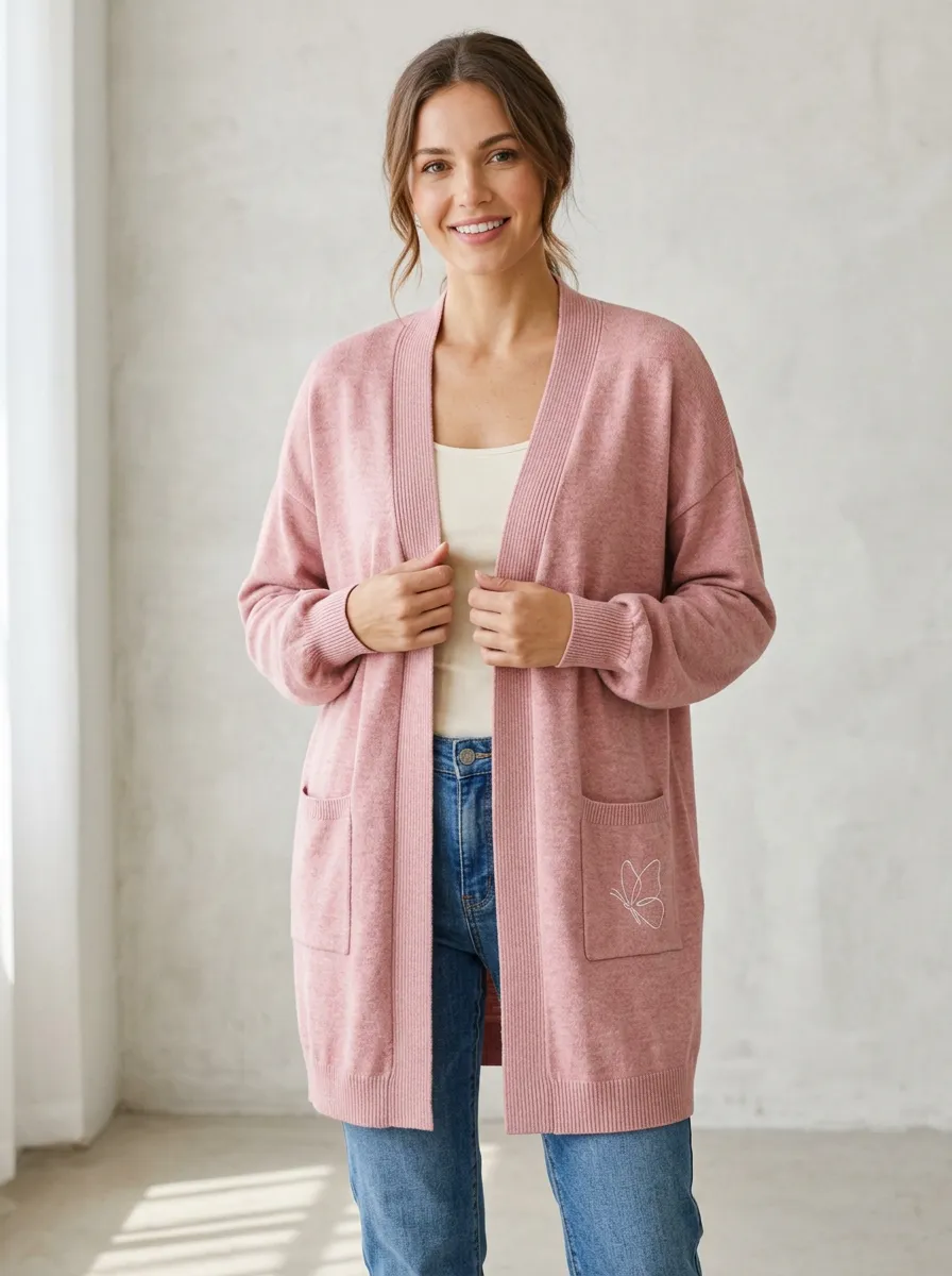 Pink Modern Butterfly Minimalist Line Art Print Cardigan