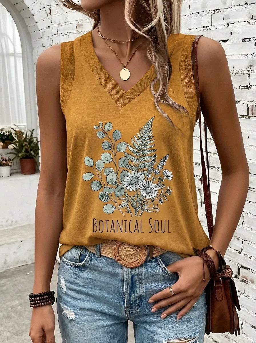 Women's Botanical Soul Fern Flower Printed V-Neck Tank Top