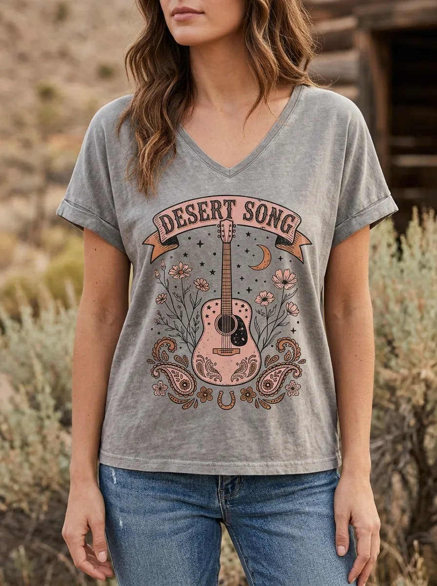 Floral Guitar Desert-Song Western V-Neck T-Shirt