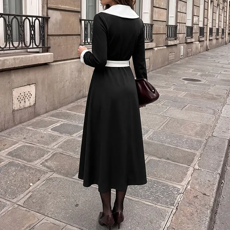 Women's Fitted Long-Sleeve Belted Midi Dress