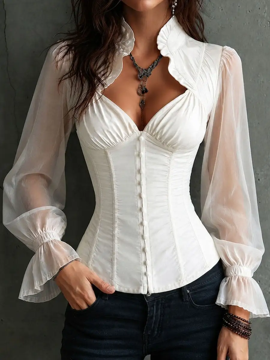 Retro Romantic White Sheer Sleeve Corset Blouse Ruffled Collar