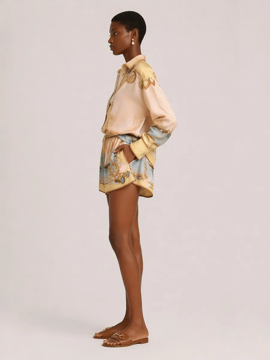 Rose Long-Sleeve Printed Shorts Set