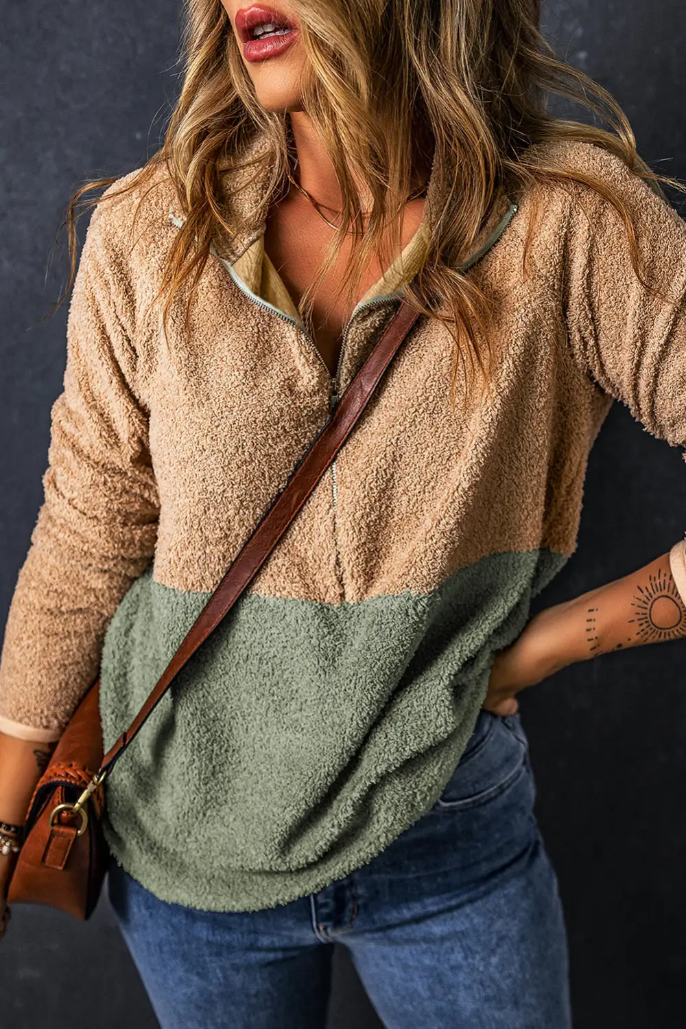 Two Tones Color Block Half Zip Fleece Sweatshirt