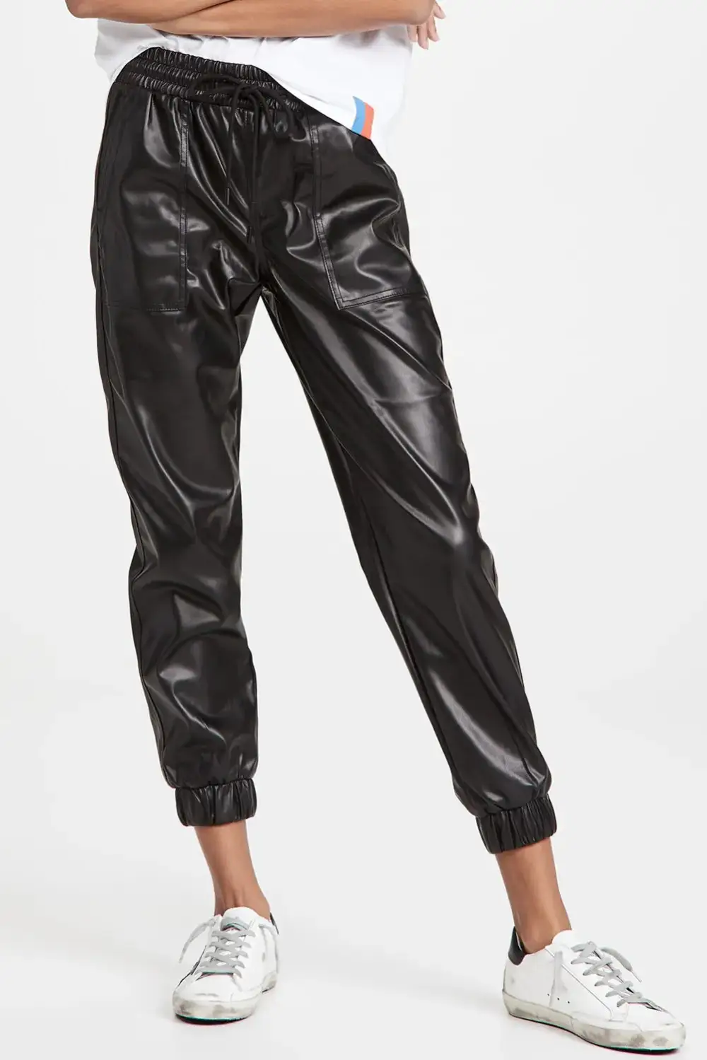 Drawstring PU Leather Pants With Pocket