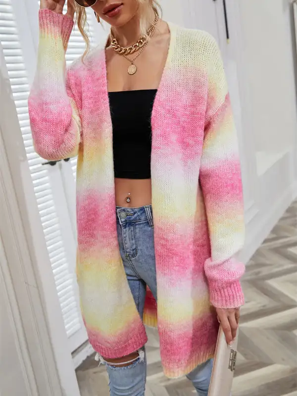 Open-Front Long-Sleeve Drop-Shoulder Mid-Length Knit Jacket