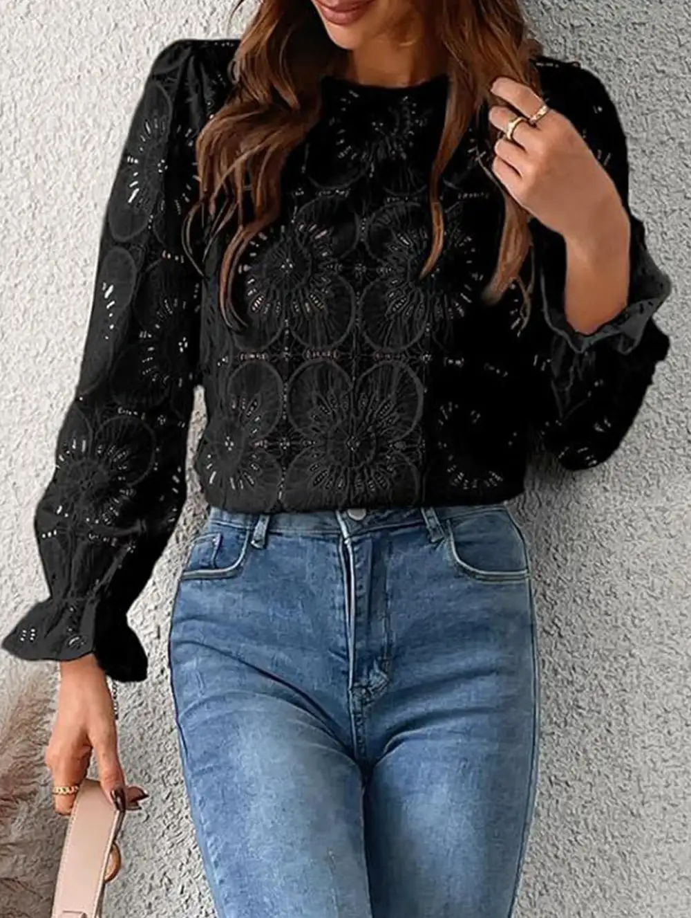 Openwork Lace Long Sleeve Blouse