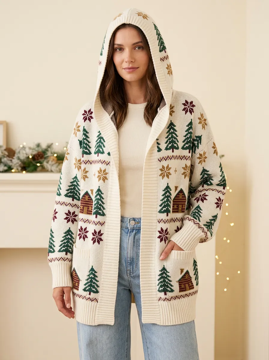 Christmas Holiday Cabin Tree Pattern Knit Hooded Cardigan