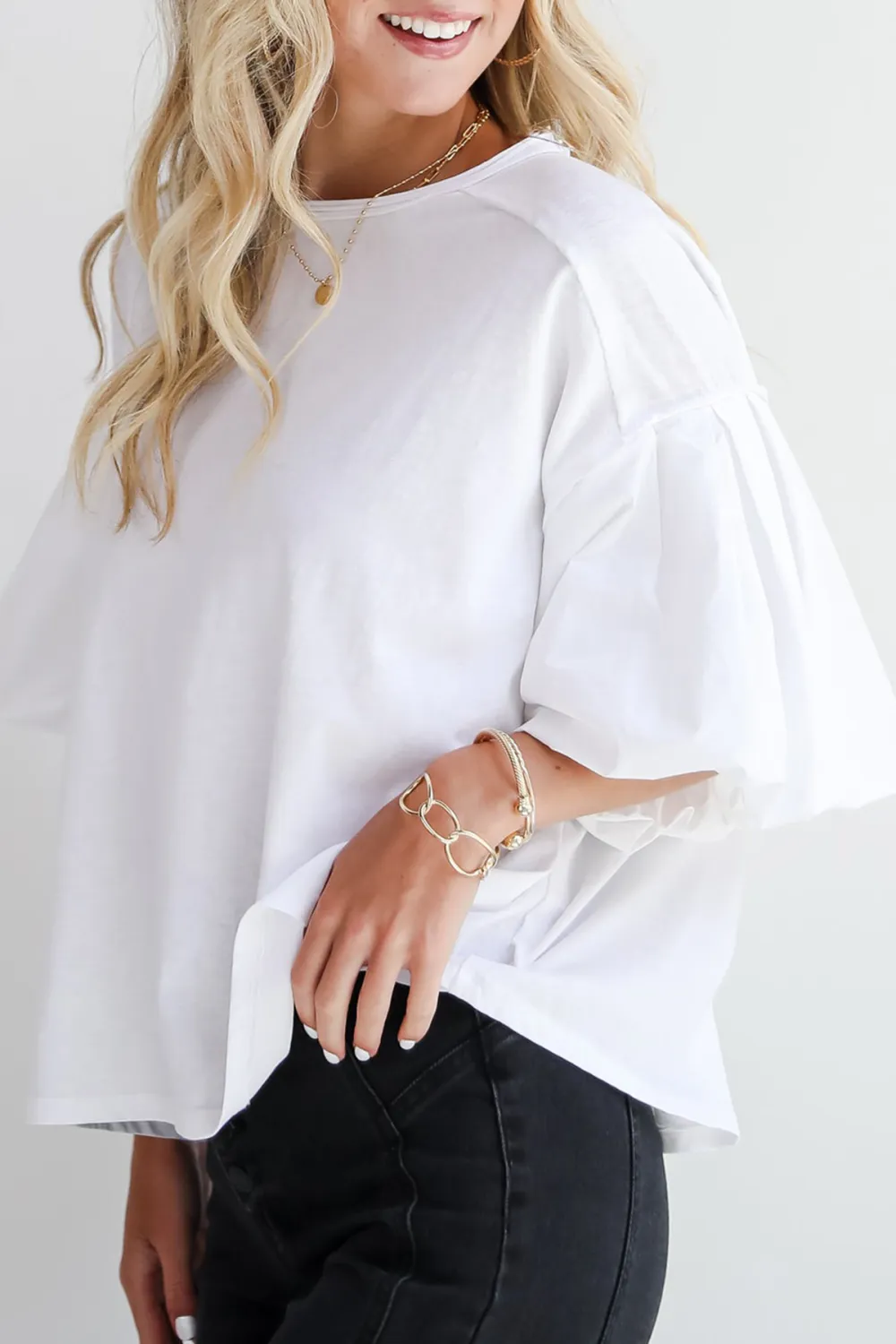 White Contrast Puff Sleeve Top