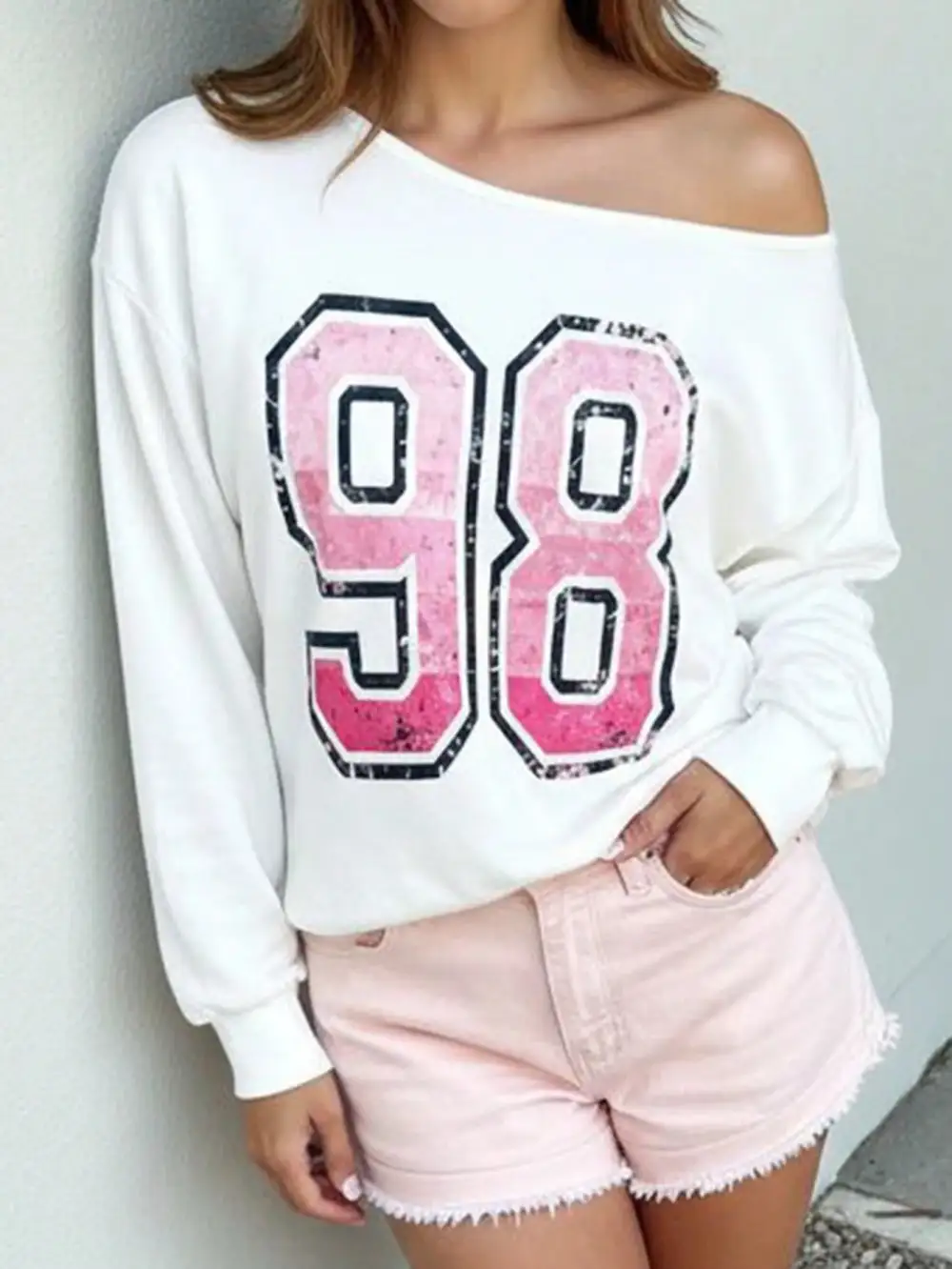 Women Number 98 Off Shoulder Letter Graphic Sweatshirt