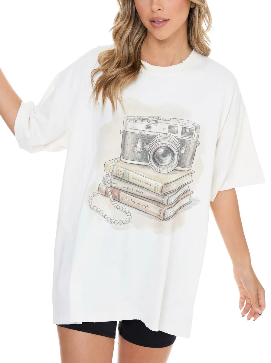 Women's Photography Book Lover Vintage Camera Printed T-shirt