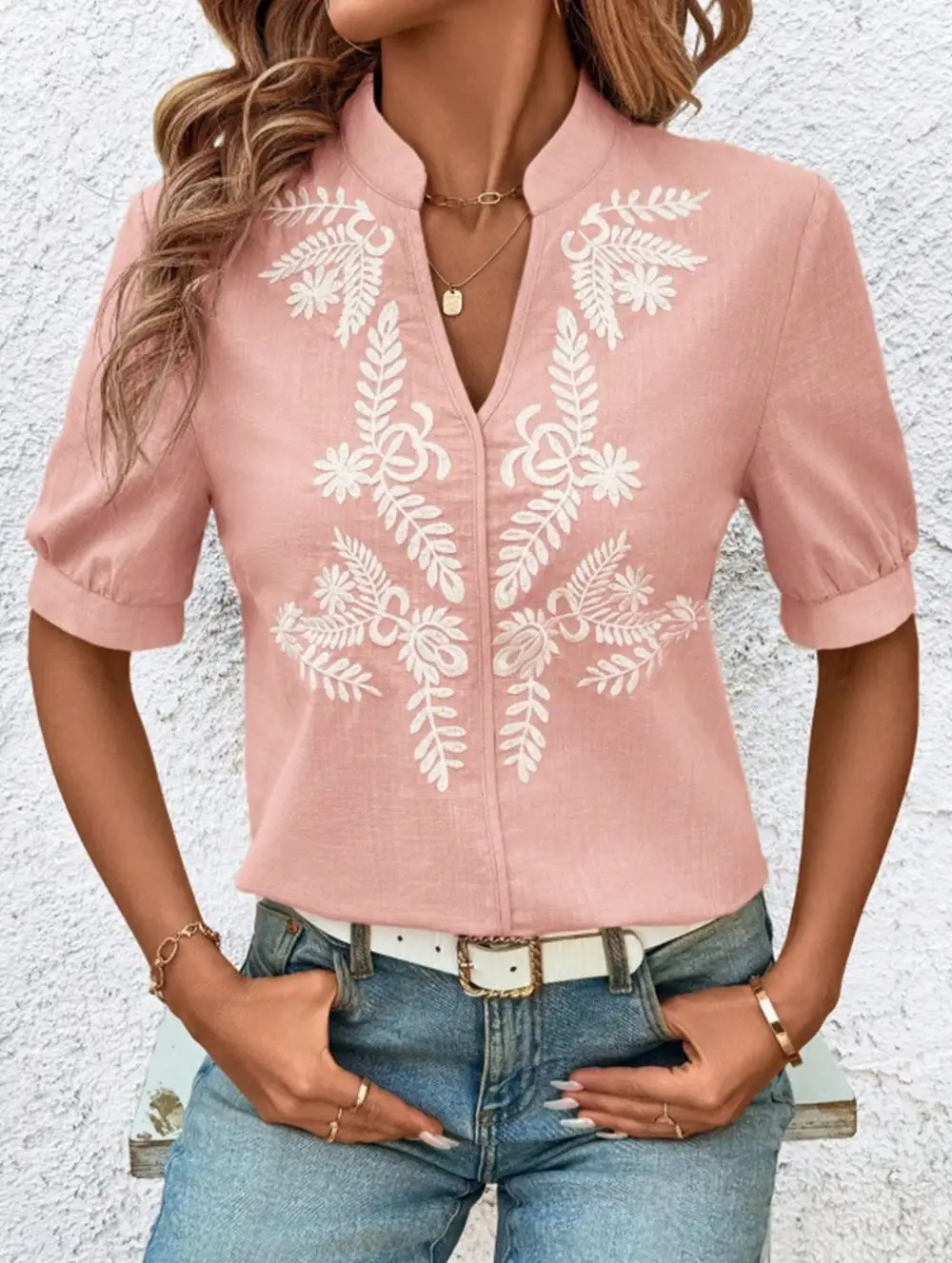 V Neck Embroidered Cotton Short Sleeve Blouse