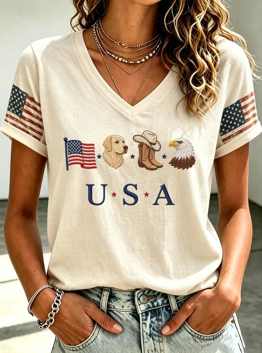 Women'S 250Th Anniversary Flag Cartoon Animal Art Printed T-Shirt