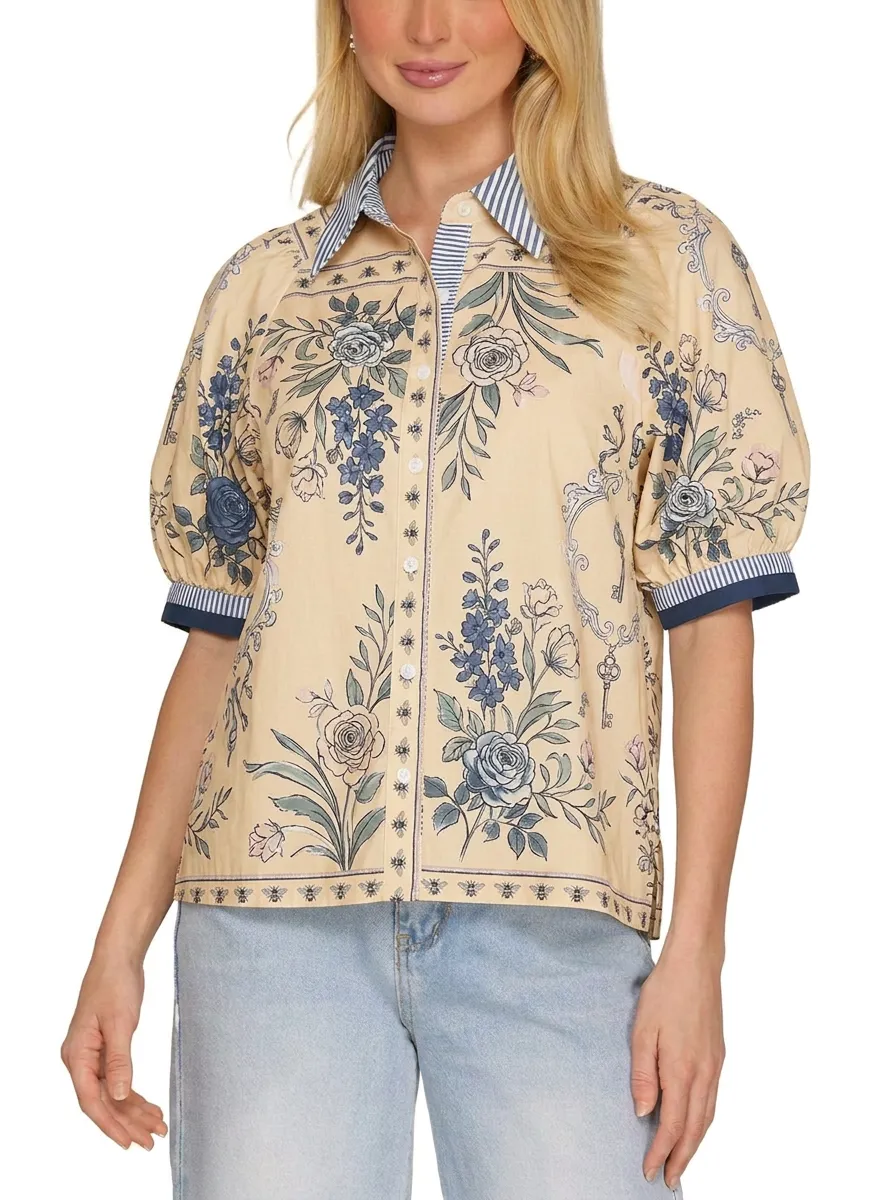 Women's Vintage Floral Botanical Printed Puff Sleeve Shirt