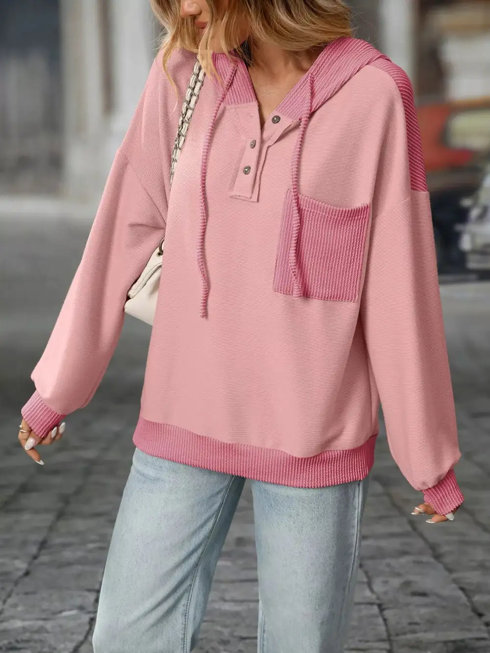 Refined Drawstring Buttoned Pocketed Colorblock Hoodie