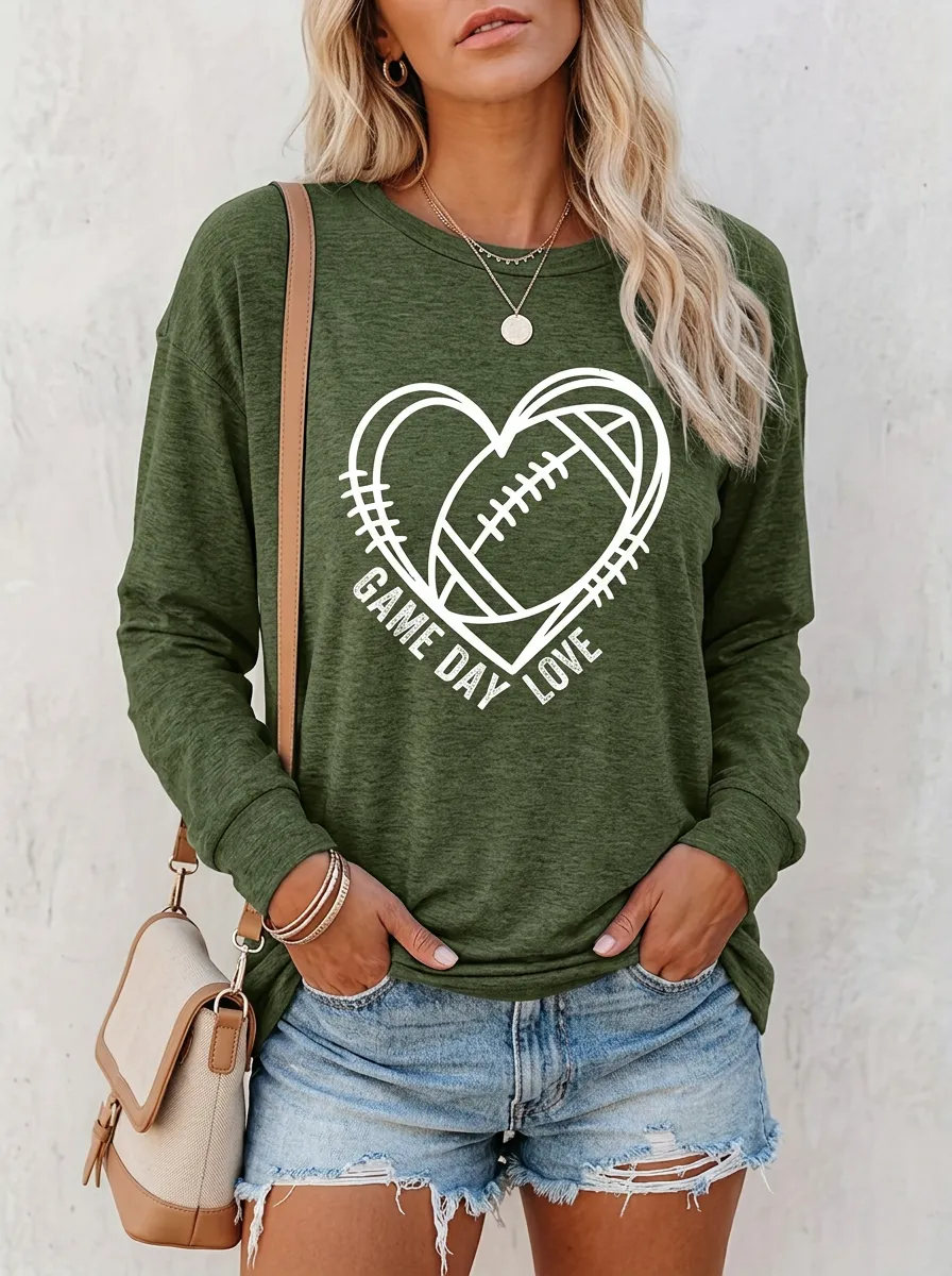 Women's Modern Gridiron Heart Ball Love Crewneck Long Sleeve T-Shirt