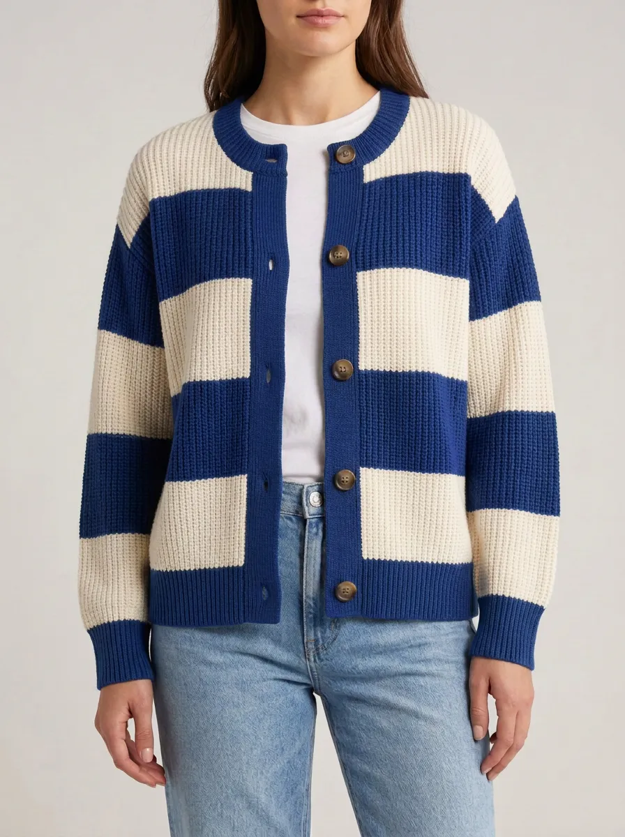 Classic Layering Distinctive Rugby Striped Knit Cardigan