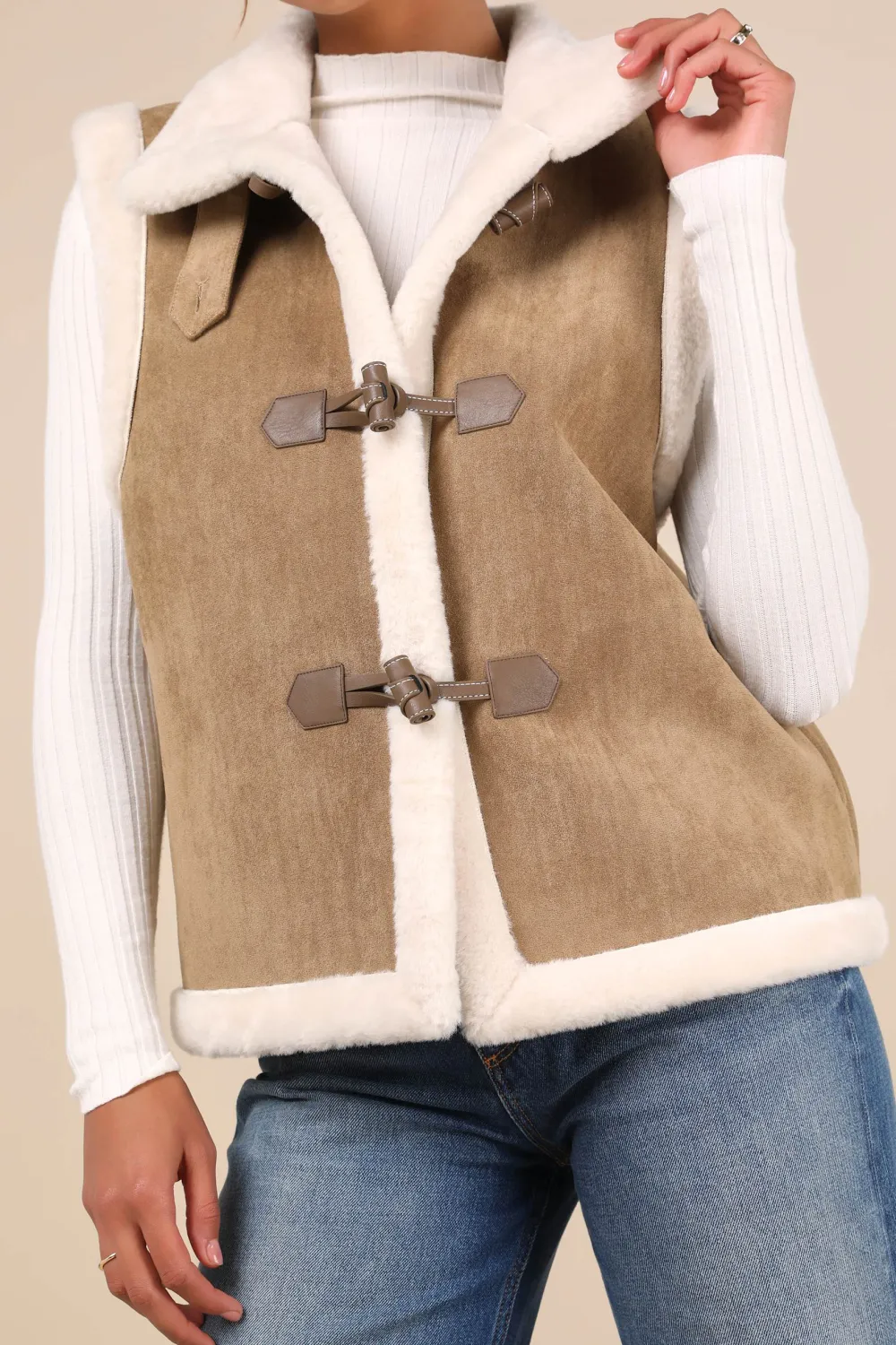 Classic Casual Style Tan Shearling Toggle Vest