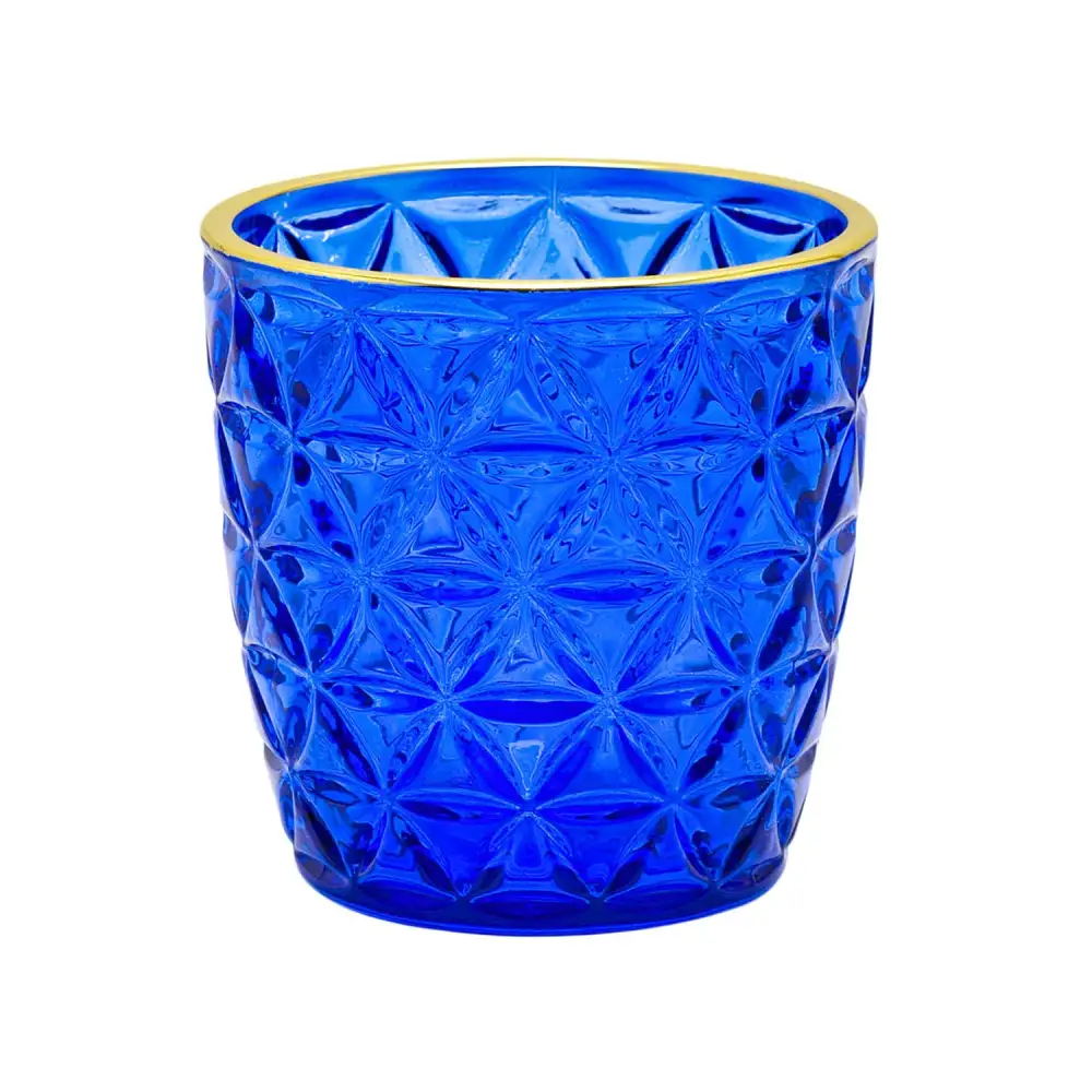 Blue Glass Votive Holder With Gold Rim