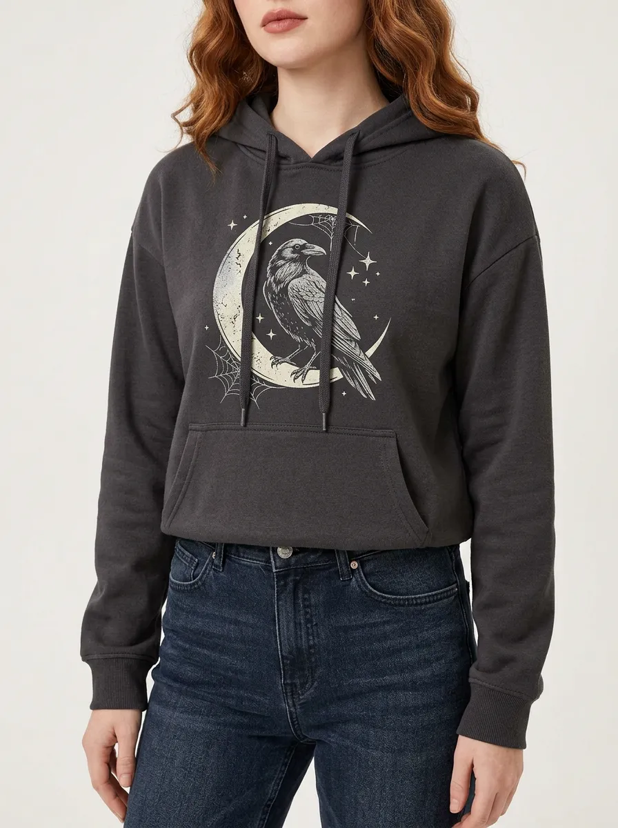 Women's Halloween Gothic Raven Moon Printed Hoodie