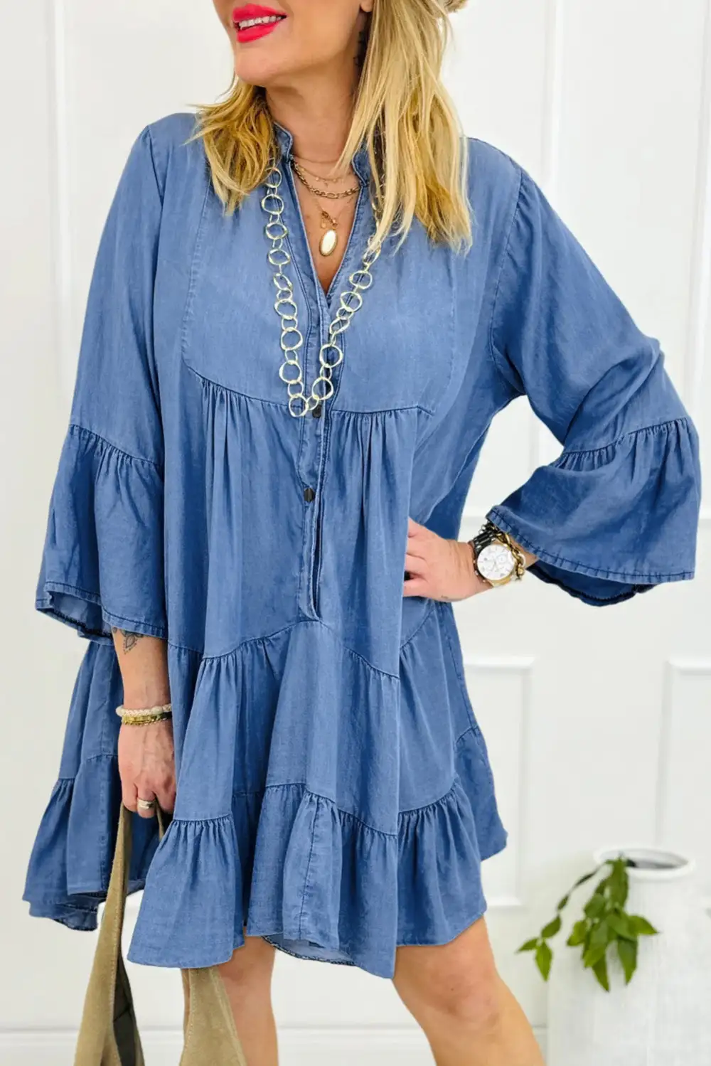 Chic Ruffle Trim Tiered Tie Detail Mini Dress