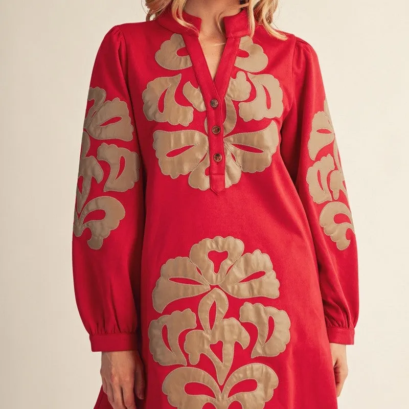 Classic Embroidered Faux Suede Suede Long Sleeve Dress
