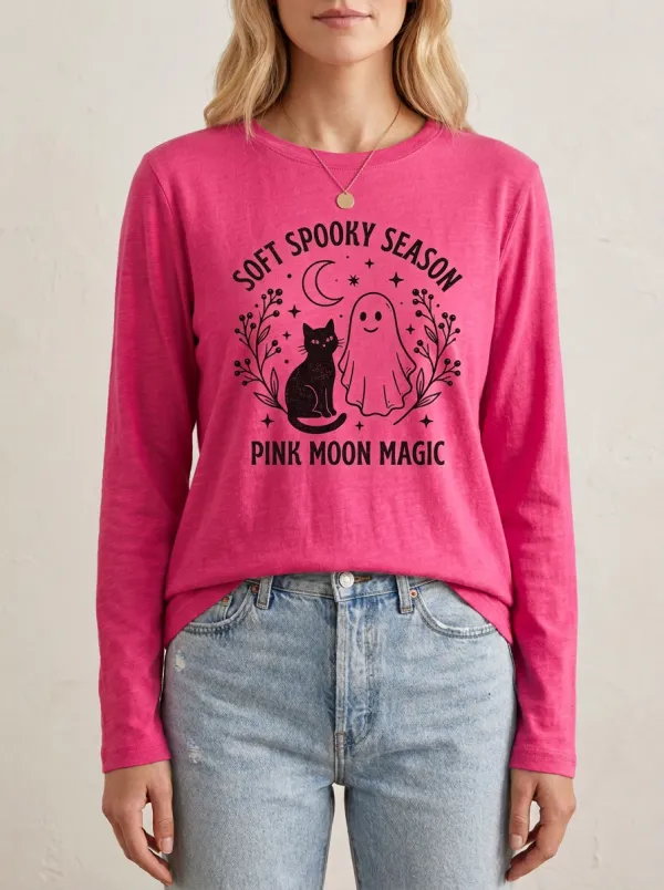 Ghost Cat Moon Halloween Cotton Linen Long Sleeve Top