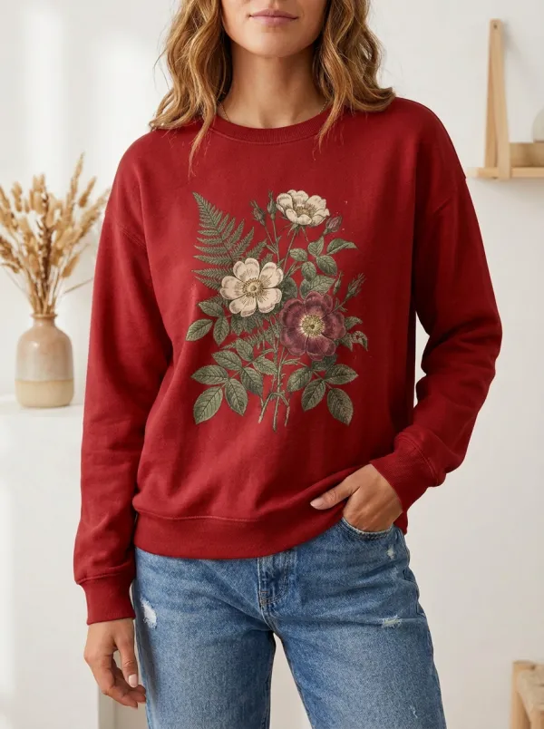 Women's Botanical Nature Lover Wildflower Fern Printed Sweatshirt