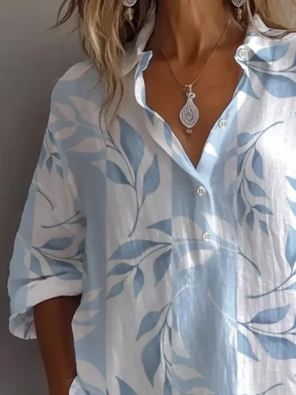 Women's Casual Vacation V-neck Plant Print Long Sleeve Shirt