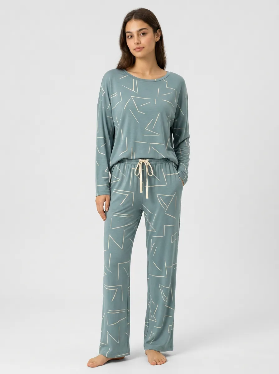 Women's Geometric Line Pattern Printed Lounge Set