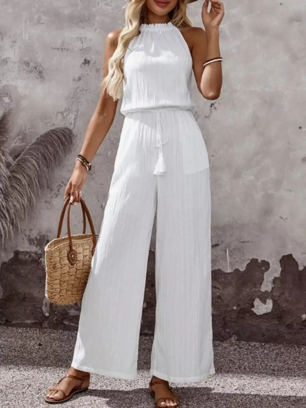Plus Size Tassel Sleeveless Wide Leg Jumpsuit
