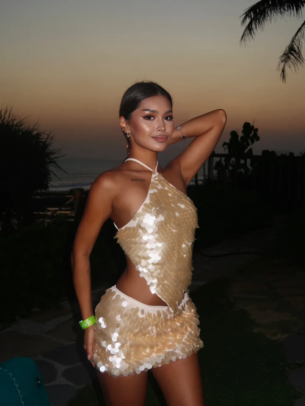 Sienna Paillette Halter Two Piece Mini Skirt Set in Gold
