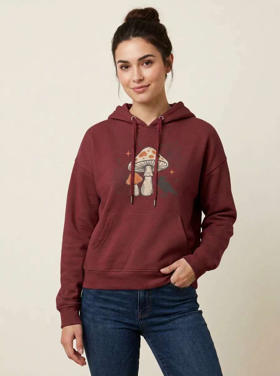 Women's Halloween Gothic Mushroom Raven Spiderweb Printed Hoodie