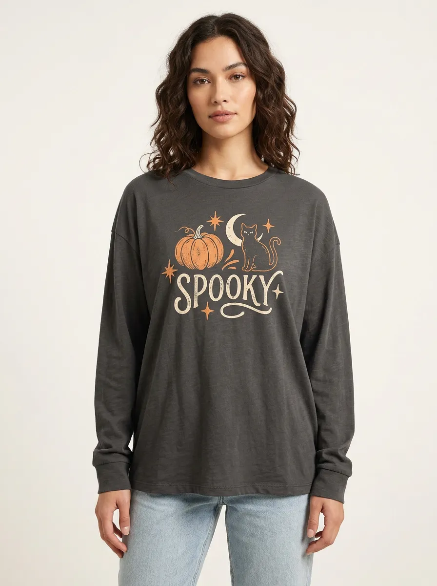 Women's Halloween Spooky Pumpkin Cat Moon Printed Long Sleeve T-shirt