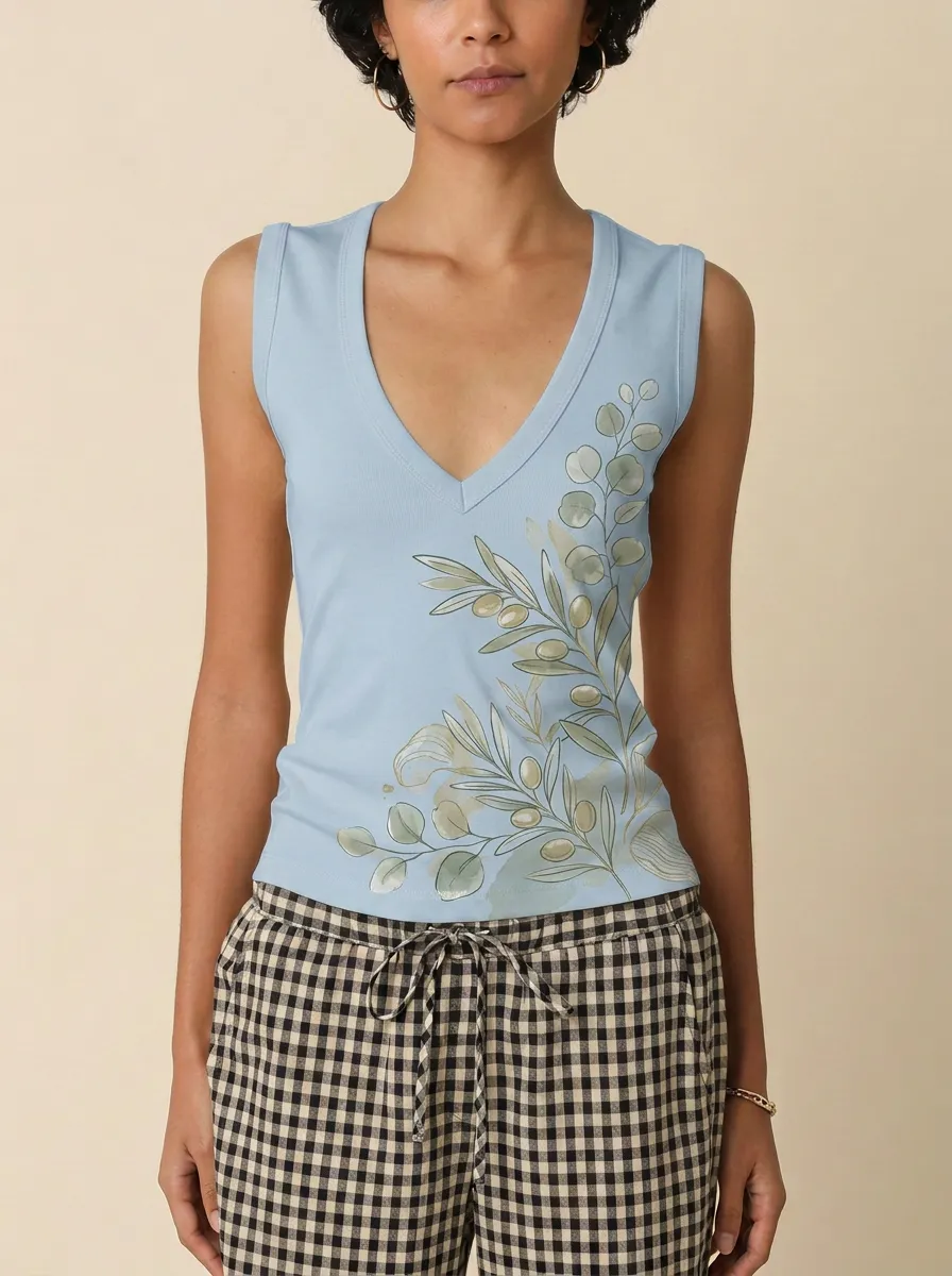 Women's Botanical Nature Lover Olive Branch Printed V-neck Tank Top