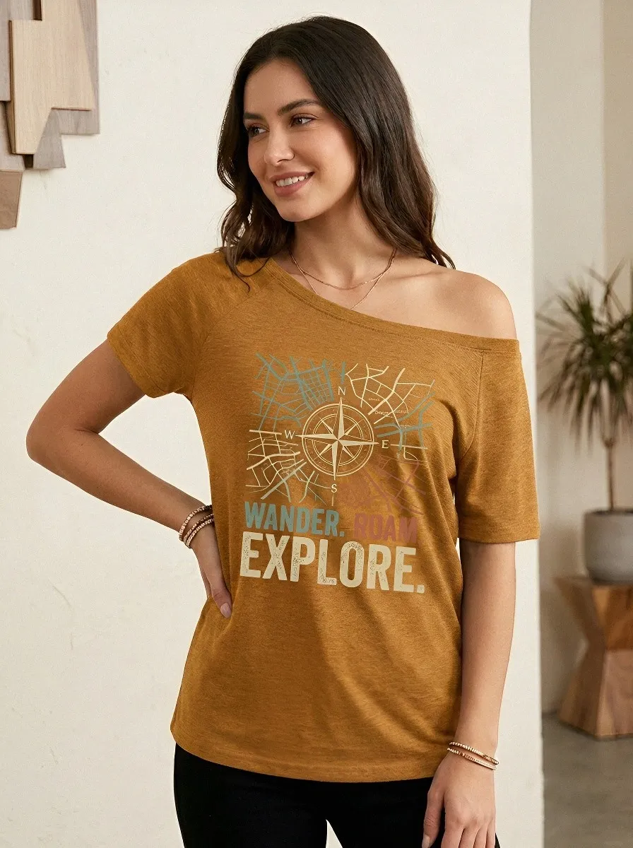 Women's Travel Wander Roam Explore Compass Map Printed T-shirt