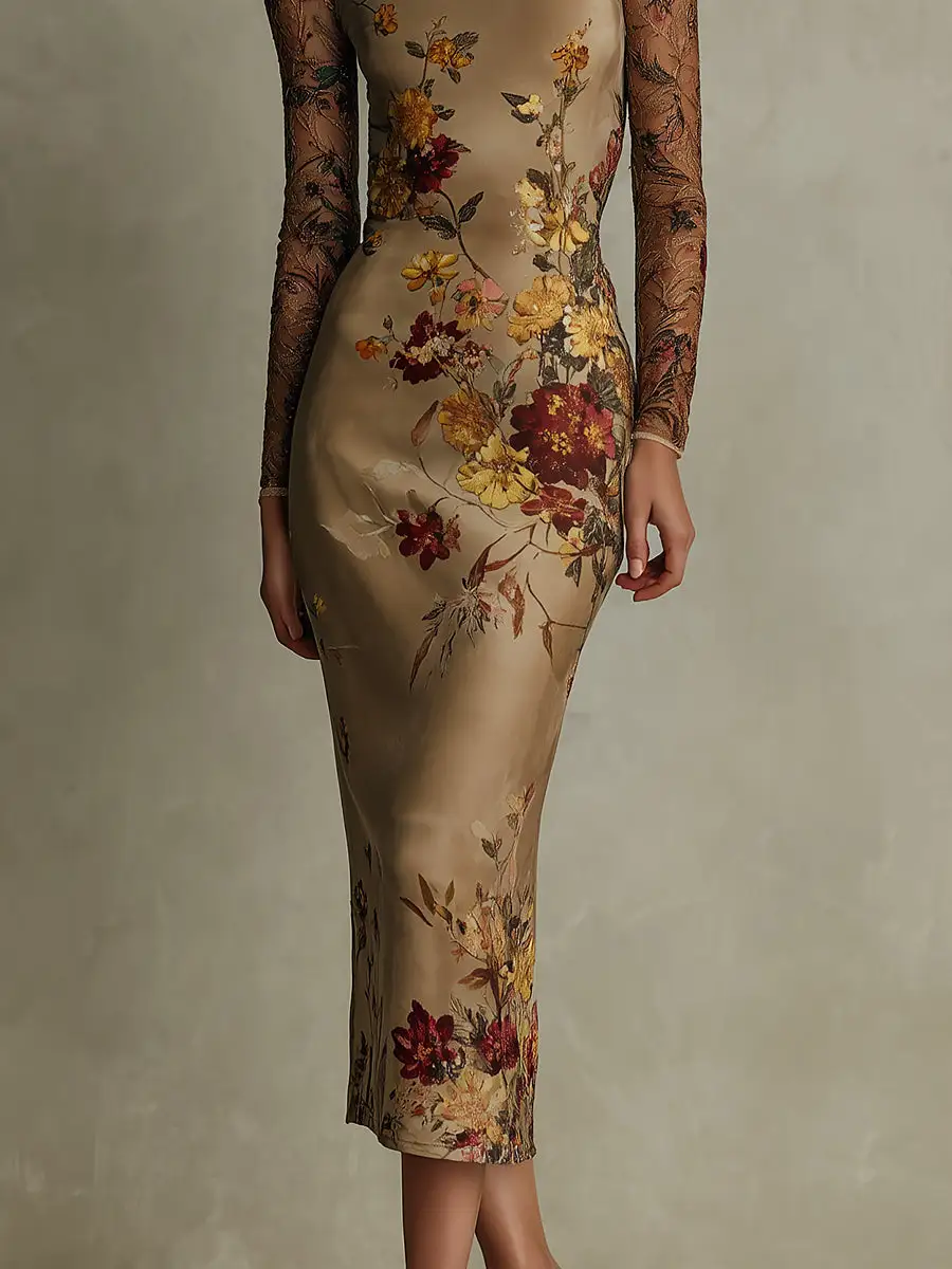 Vintage Floral Satin & Sheer Lace-Sleeve Midi Dress