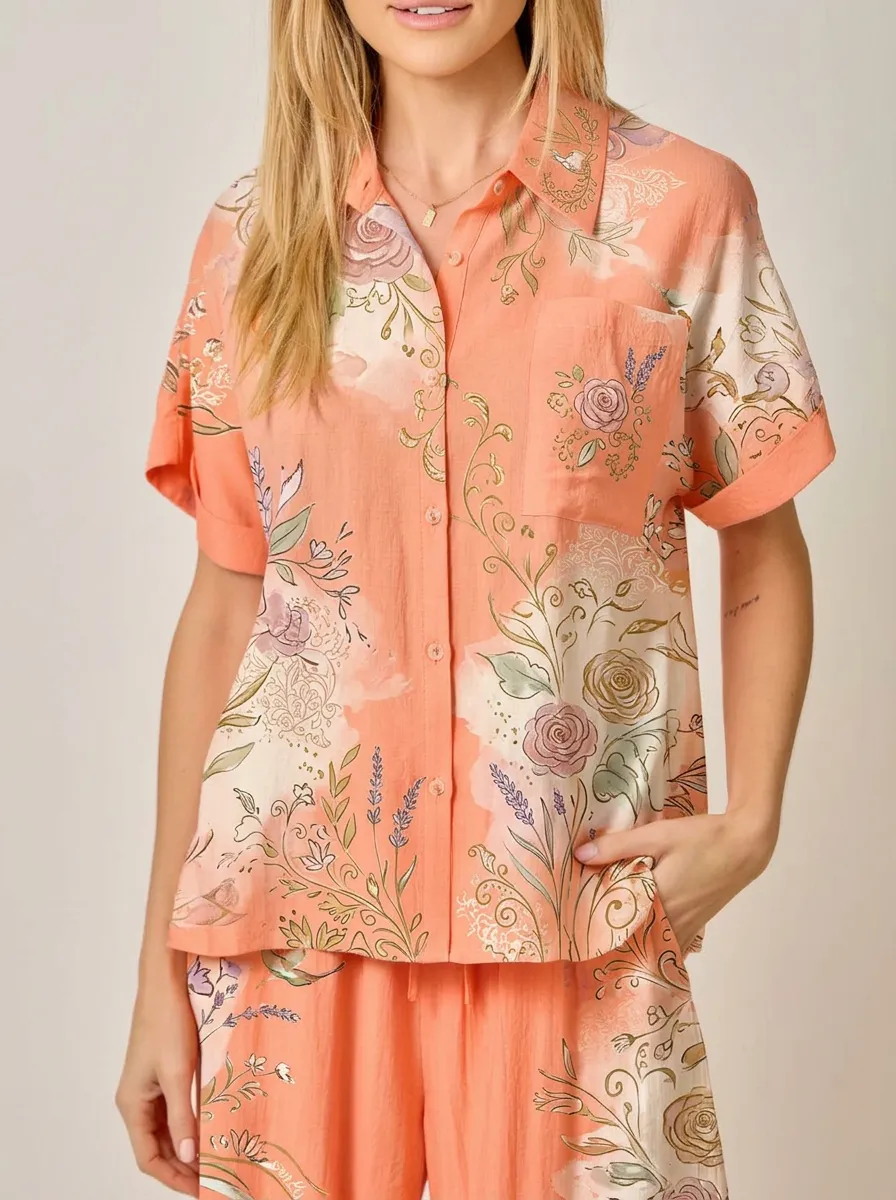 Women's Floral Botanical Peach Printed Button-up Shirt
