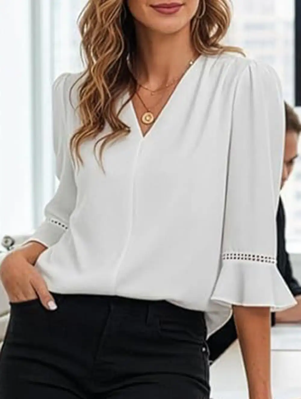 V Neck Office Three Quarter Sleeve Blouse