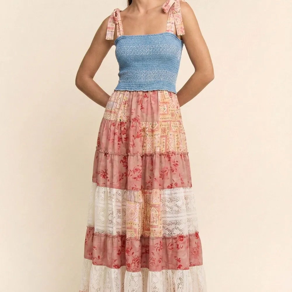 Floral Lace Detail Denim Smocked Dress
